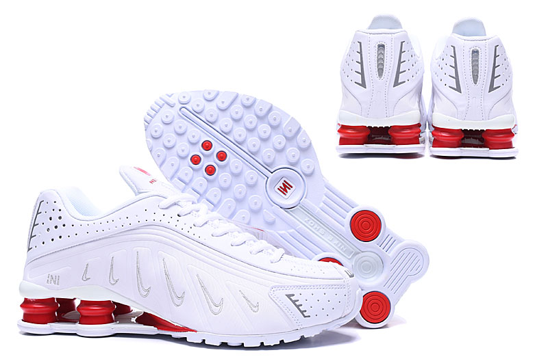 2019 Nike Shox R4 Small Swoosh White Silver Red Shoes - Click Image to Close